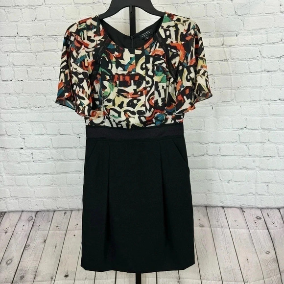 Tahari Multicolored Top Black Bottom Shift Dress Size 4P - Picture 1 of 5
